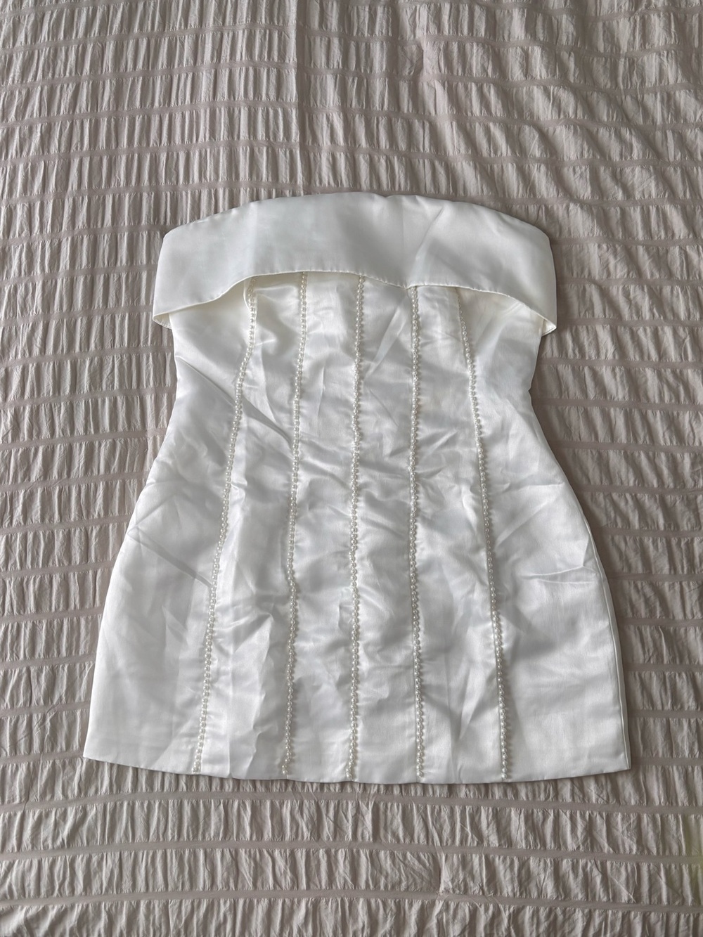Peppermayo White Strapless Mini Dress with Pearl Trim